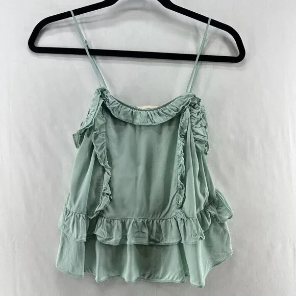 H&M Tank Top Womens Size 6 Ruffled Tiered Cami Sleeveless Viscose Silk Green - Picture 1 of 8